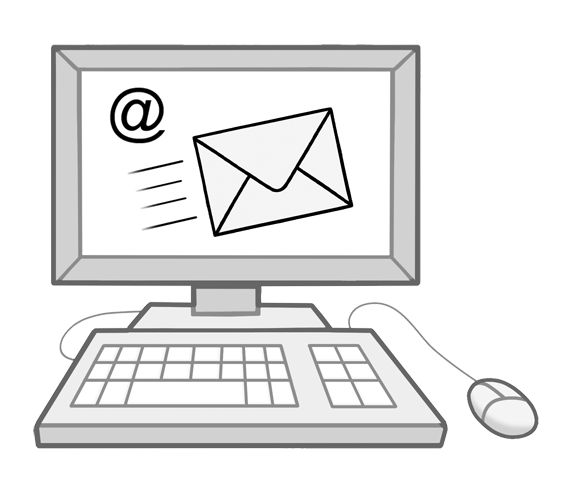 E-Mail Illustration: Ein Computer mit Symbol für E-Mail und Briefkuvert auf dem Bildschirm.