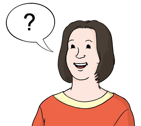 Frage Illustration: Eine Person mit Sprechblase und Fragezeichen.