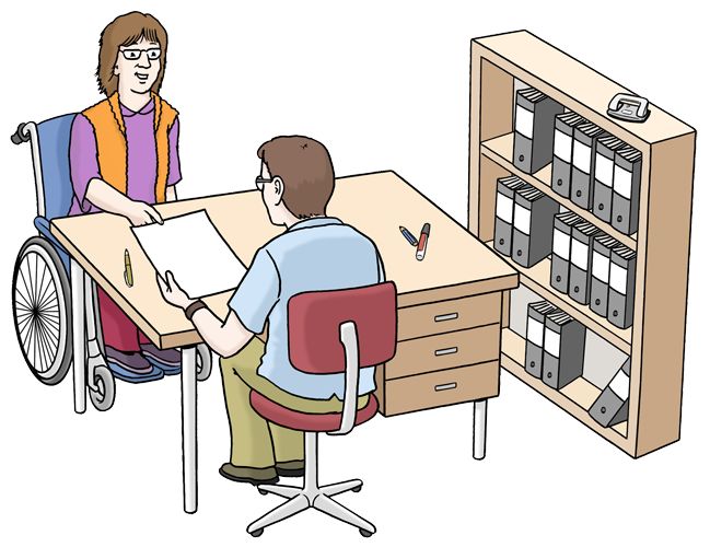 Antrag stellen Illustration: Eine Rollstuhlnutzerin übergibt einem Sachbearbeiter einen Antrag.